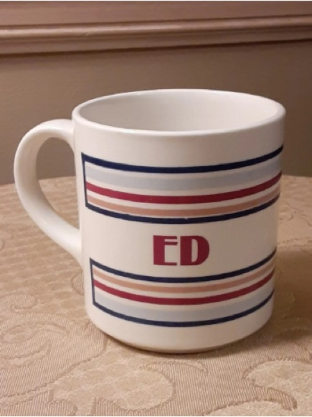 White Ceramic Mug with Red Monogram and Navy & Tan Stripe Accents
